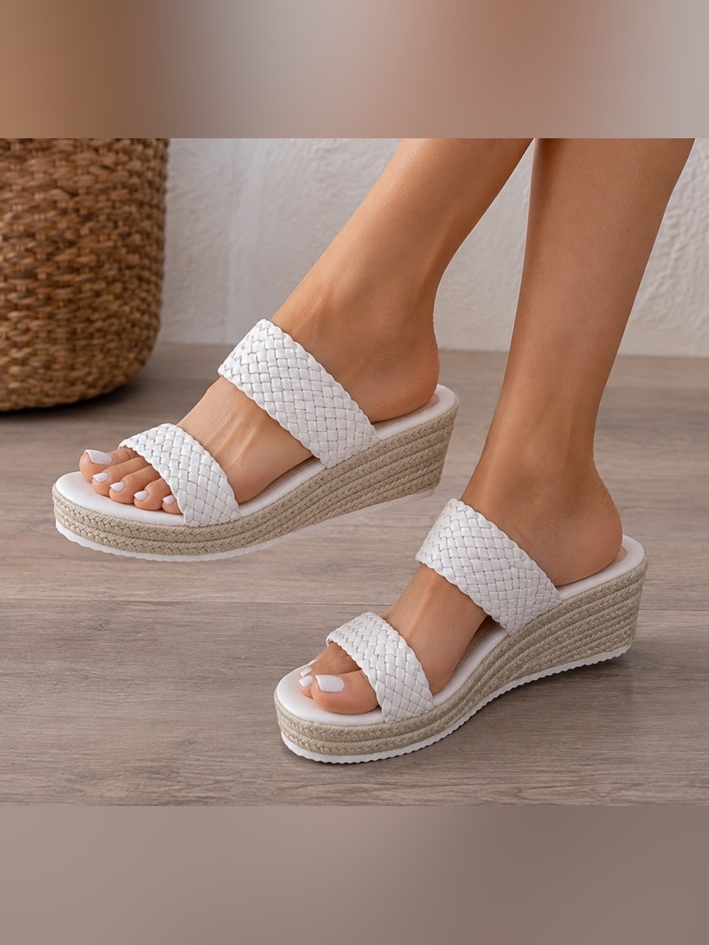 NWOT White Braided Espadrille Wedge Slide Sandals US 10